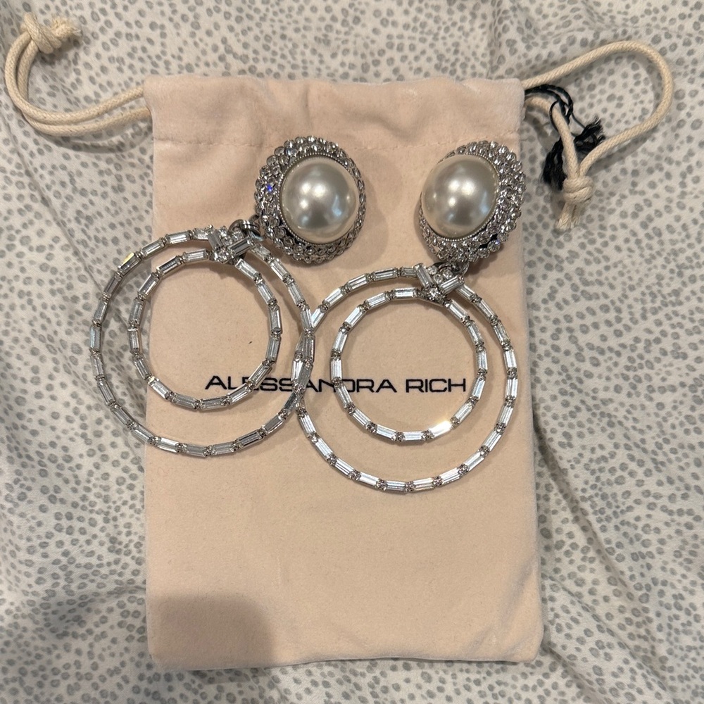 Alessandra Rich Silver Hoop Pearl Earrings